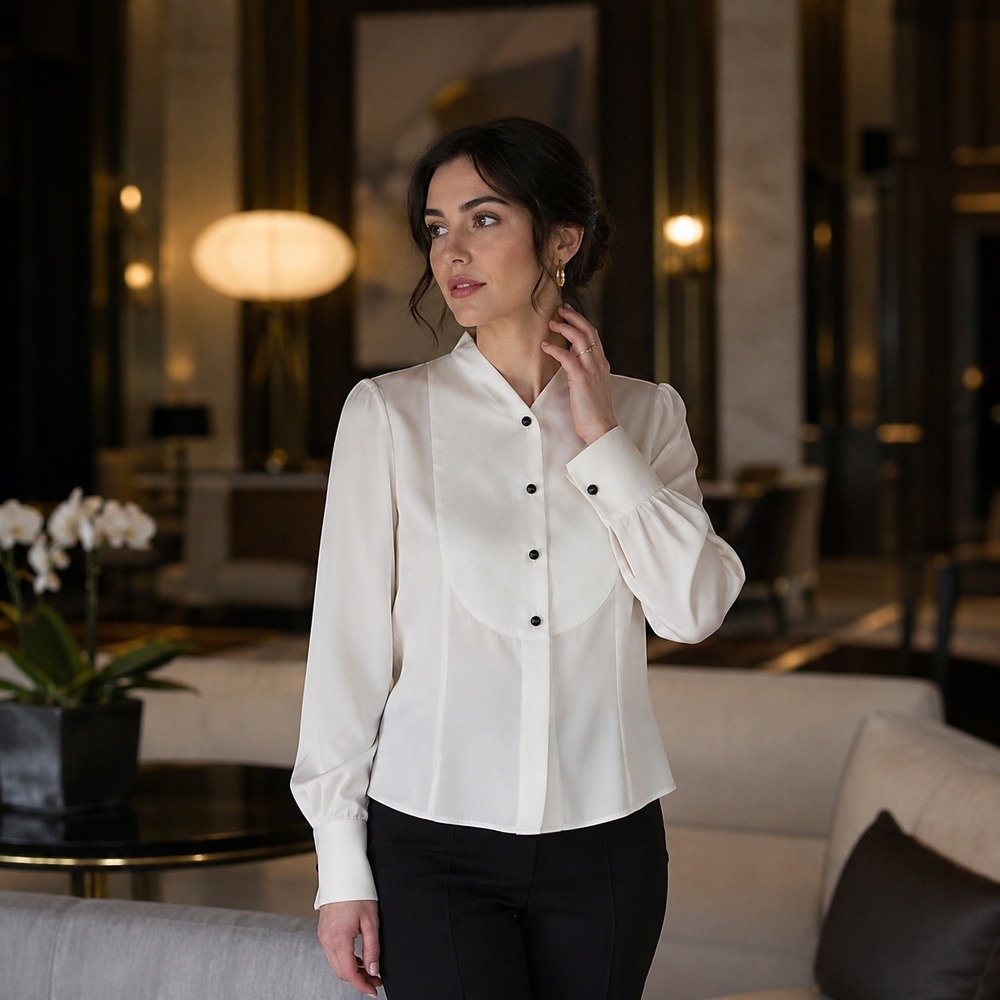 Giorgio Armani Silk Tuxedo Blouse Shirt Ivory Black Buttons NWT Size XS 38 $2295